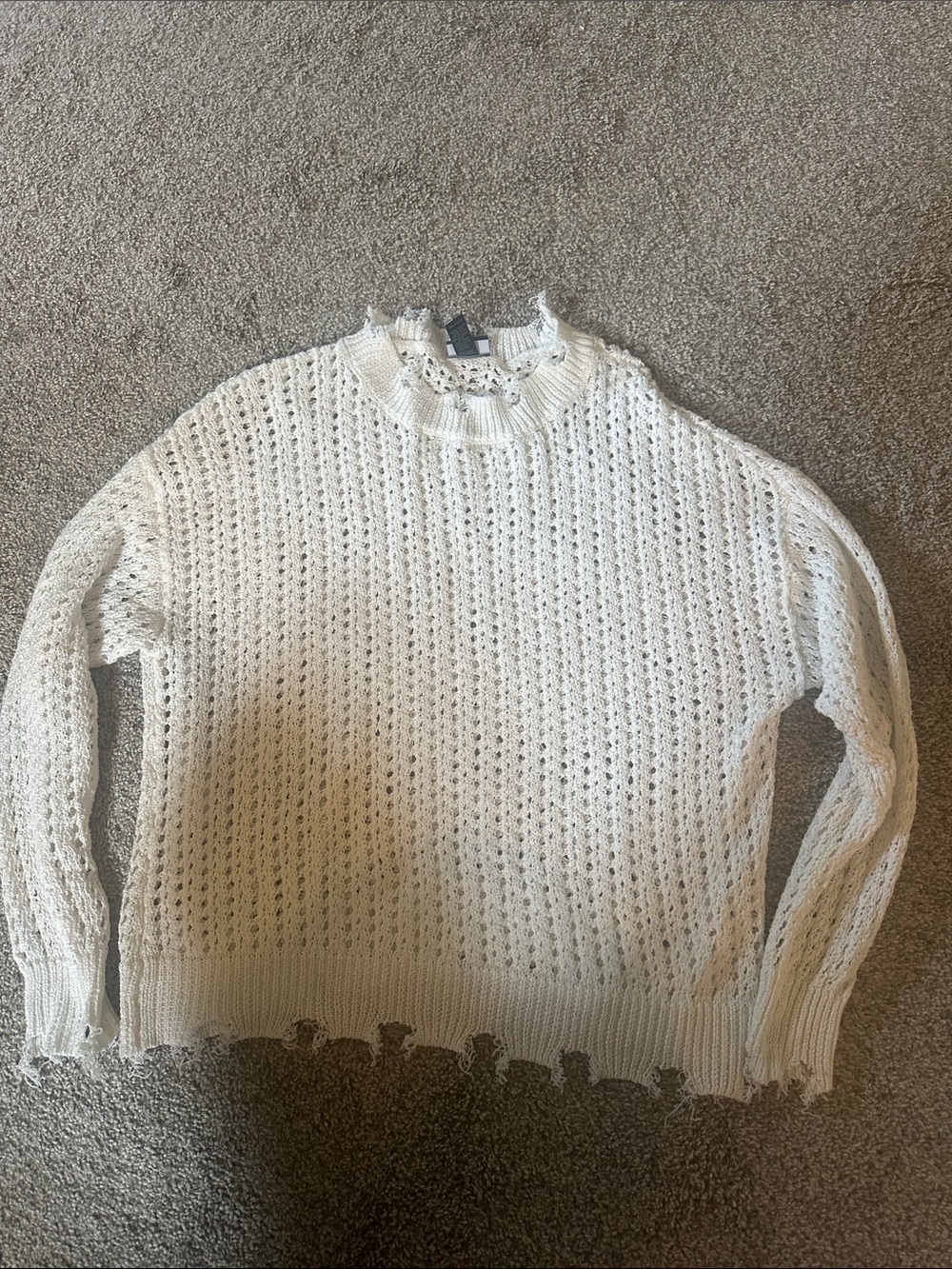 Daytrip Cream Distressed Open-Knit Ruffle Neck Sweater